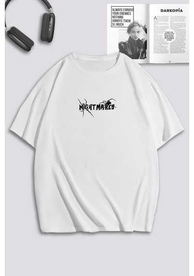 Unisex Kadın Erkek Night Mares Spiders Baskılı Özel Tasarım Oversize T-shirt Beyaz Mck0179 Beyaz