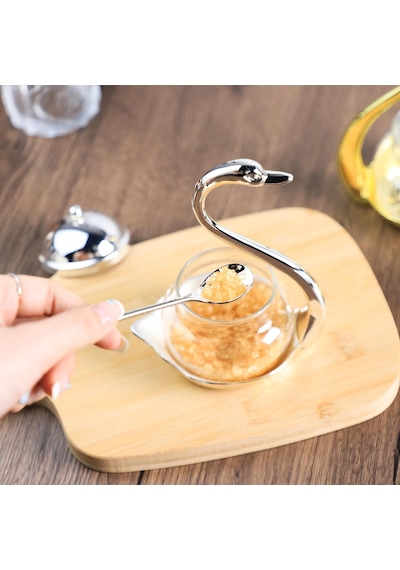 Lüks Kuğu Tasarımlı Cam Şekerlik Dekoratif Baharatlık Bal Kavanozu Sunumluk Metal Standlı Set Diğer