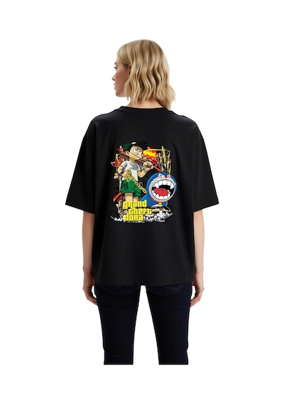 Paybuy Kadın Oversize Grafik Baskılı Tişört Oyun Temalı Karikatür Tasarı Siyah