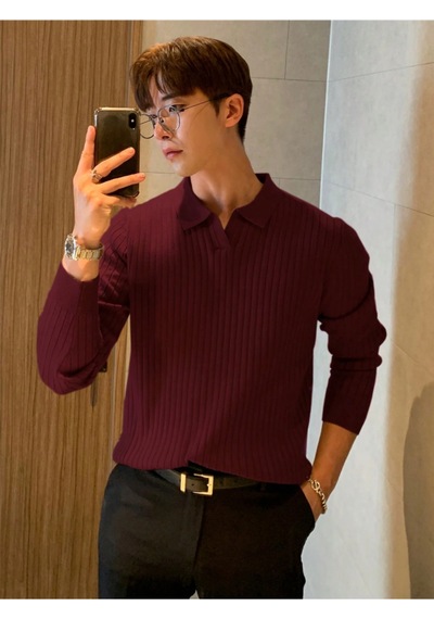 Bordo Erkek Polo Yaka Fitilli Triko Kazak Bordo