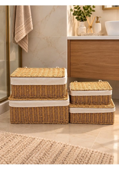 Qerhome 4'lü Kapaklı Hasır Kumaş Astarlı Rattan Organizer Sepet Trn603 Sarı