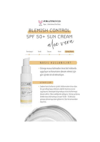 Skin401 Spf 50+ Leke Karşıtı Aloe Vera Nemlendiricili Güneş Kremi 50ml