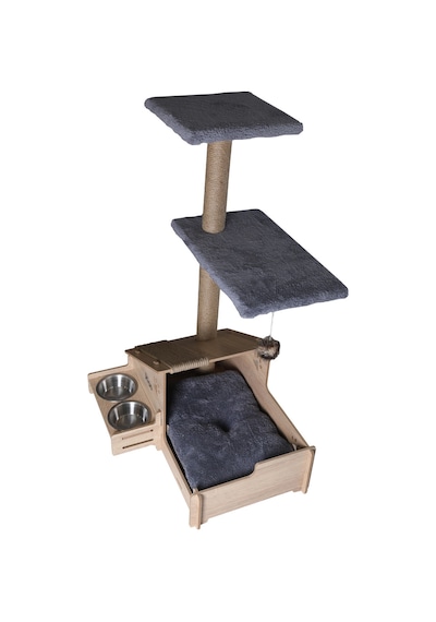 Çok Amaçlı Katlı Kedi Evi-isim Baskılı-ahşap Mdf-tırmalama Çubuklu-gri Minder-çelik Kase-2 350