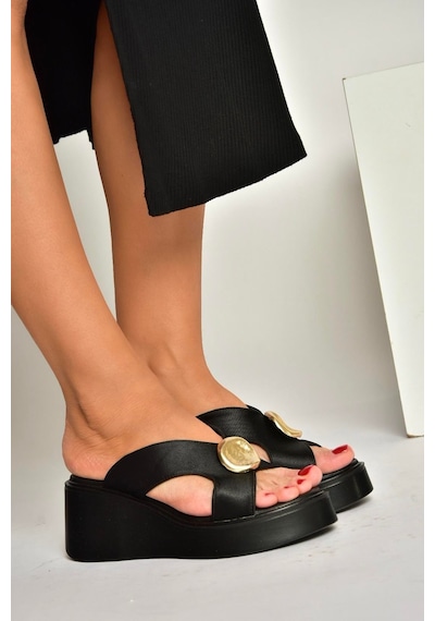 Fox Shoes Y973965404 Siyah Kumaş Dolgu Tabanlı Kadın Terlik Siyah