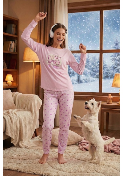 Lela Streç Standart Fit Bisiklet Yaka Desenli Bayan Pijama Takımı 6095700 Açık Pembe
