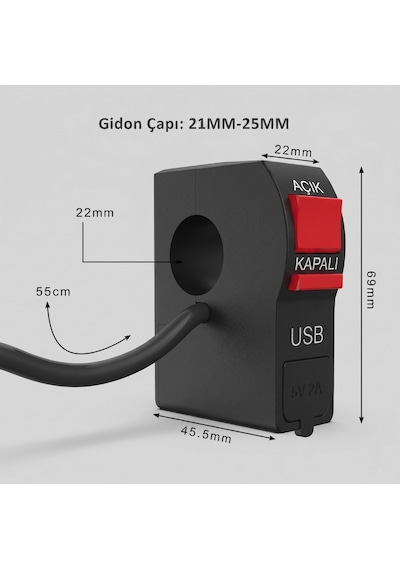 Motosiklet & Scooter Çift Fonksiyonlu Açma/kapama Anahtarı + 5v 2a Hızlı Usb Şarj Soketi
