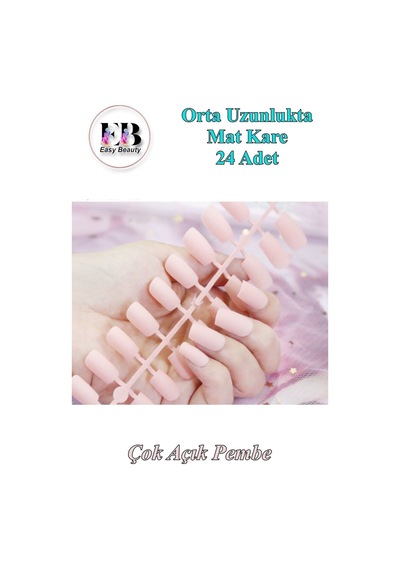 24 Adet Renkli Mat Orta Uzun Kare Takma Tırnak 722 Çok Açık Pembe