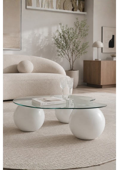Evsimo Modern Küre Orta Sehpa - Bohem 8mm Cam Top Sehpa Beyaz