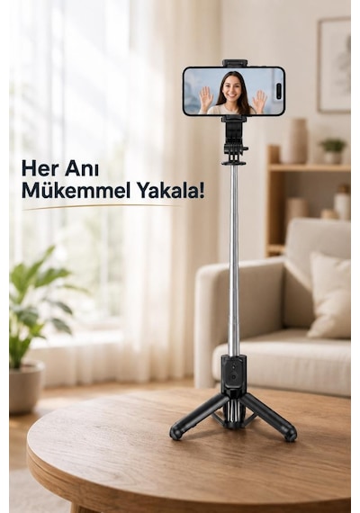 Tripod Çok Amaçlı Entegre Tripodlu Uzaktan Kumandalı Selfie Çubuğu Q21 Siyah
