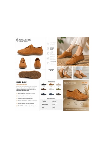 N Napa Shoe Np.8208l.taba Napa Shoe Kadın Hakiki Deri Lazer Kesim Günlük Ayakkabı Bağcıklı Ortopedik Comfort Sneaker Taba