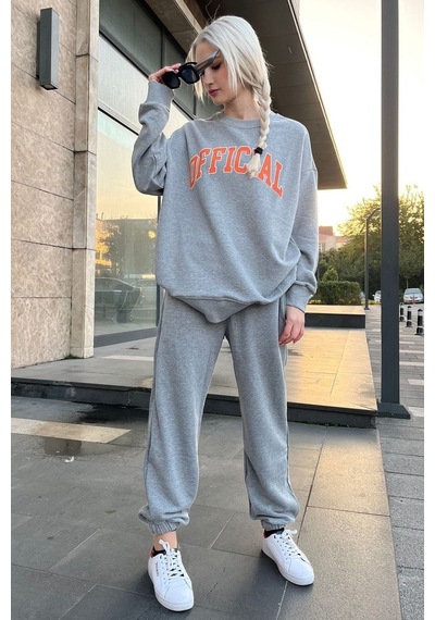 Official Eşofman Takımı Sweatshirt Jogger - Gri Baskılı Oversize Şardonlu Bisiklet Yaka Gri