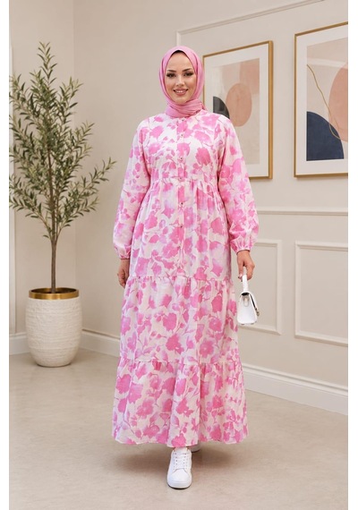 Hb Harma Time Butik Kadın Düğmeli Desenli Modal Kumaş Pembe Elbise