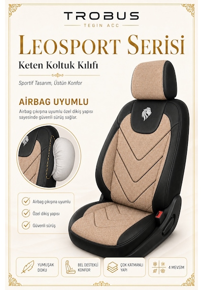 Renault Fluence 2010 Sonrası Uyumlu Leosport Serisi Bej Siyah Ortopedik Keten Koltuk Kılıfı