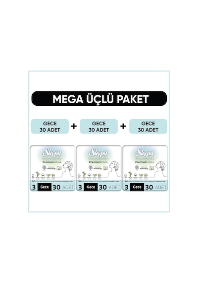 Sleepy Bio Natural Premium Plus Hijyenik Ped Mega Paket Gece 30x3 Adet
