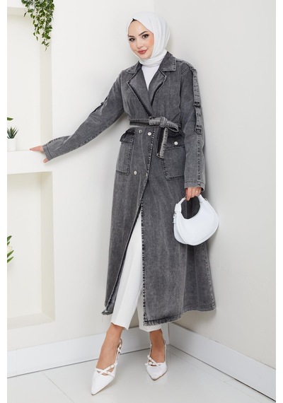 Hb Harma Time Butik Kadın Cepli Kuşaklı Denim Koyu Gri Trençkot Gri Gri