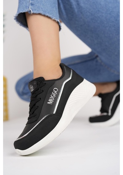 Muggo Happy Garantili Kadın Ortopedik Günlük Bağcıklı Şık Rahat Sneaker Spor Ayakkabı Siyah - Beyaz