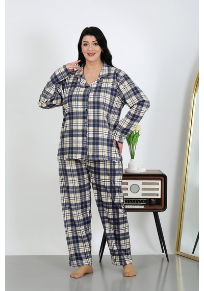 Akbeniz Kadın Büyük Beden Pamuklu Cepli Düğmeli Lacivert Pijama Takım 202504 Lacivert