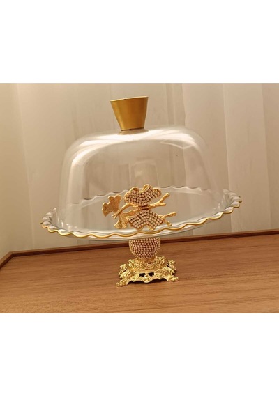 Elta Collection Gold Metal Ayaklı Cam Kapaklı Kek - Pasta Stantı Fanus Taşlı
