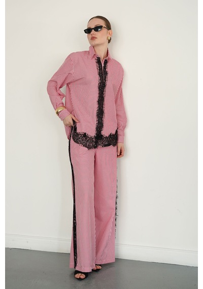 Verymoda Dantel Detaylı Çizgili Pantolon F2083 Bordo
