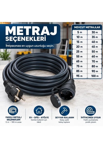3x1.5mm%100 Bakır Ttr Topraklı Seyyar Uzatma Kablosu Siyah, 5 Metre Diger