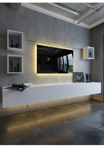 Resital Duvara Monte Ledli 270 Cm Tv Ünitesi Duvar Raflı - Ll6024 Beyaz