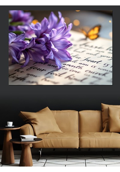 Mektup Üzerinde Mor Çiçek Dekoratif Kanvas - Mdf Ahşap Tablo