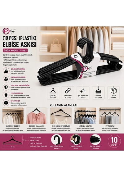 Bay 240 Adet Siyah Elbise Askısı Plastik 24x10pcs Bx40 Najmaddin Diğer