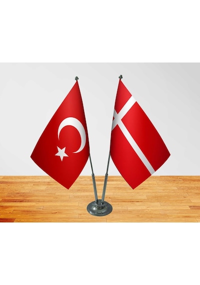 Masa Üstü Danimarka Bayrağı Türk Bayrağı İkili Krom Direk Masa Ba
