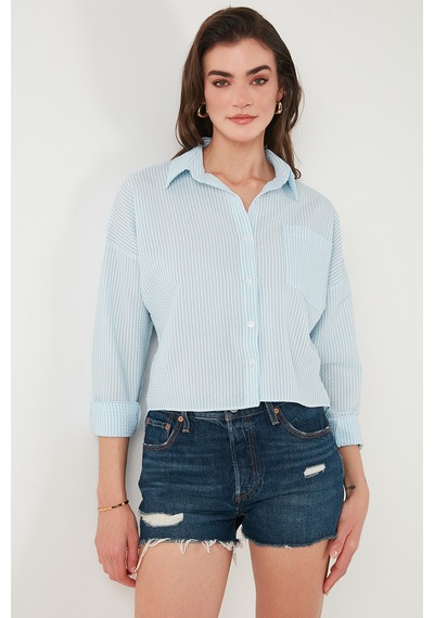 Lela Regular Fit Çizgili Göğüs Cepli Dokulu Bayan Gömlek 6772870 Bebe Mavi