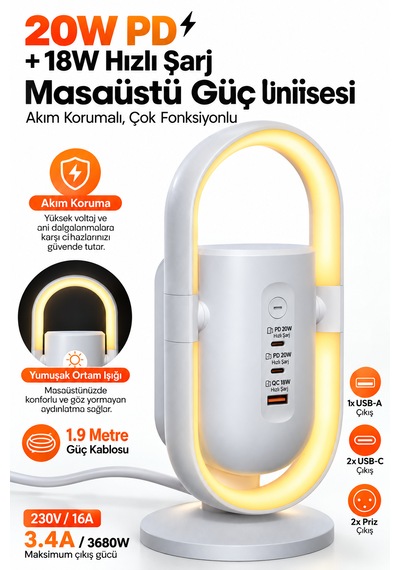 Akım Korumalı Masaüstü Güç Ünitesi 2 Priz, 2 Usb-c + Usb-a, 20w Pd & 18w Qc Hızlı Şarj, Led Ortam Aydınlatmalı 3680w 1.9 M