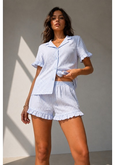 Kadın Süprem Gömlek Şort Düğme Mavi Pijama Takımı