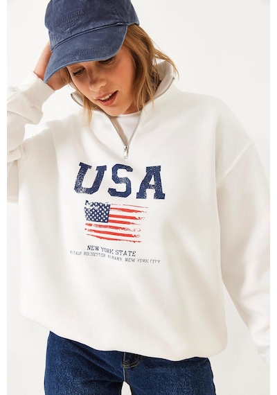 Shade Kadın Arım Fermuarlı Usa Baskılı Dik Yaka Sweatshirt 60251880 - Beyaz