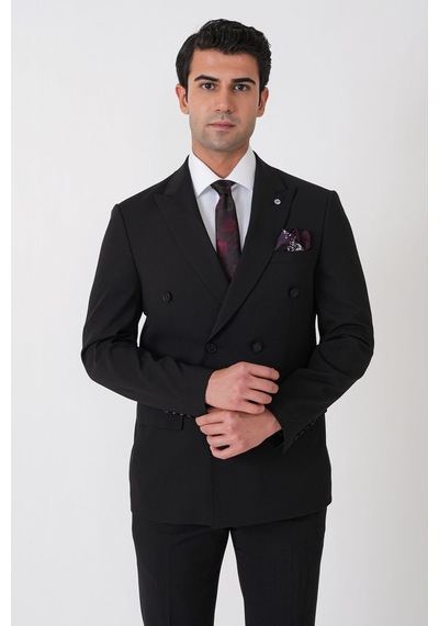 Efor Slim Fit Esnek %97 Yünlü Düz Siyah Kruvaze Takım Elbise Tk 956