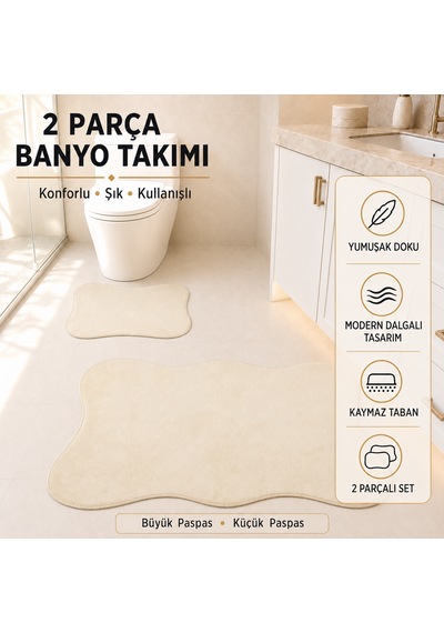 2 Li Banyo Paspası Halısı Seti Kaymaz Tabanlı Yıkanabilir Klozet Takımı Krem