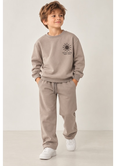 Luess Erkek Çocuk Sweatshirt Pantolon Eşofman Takımı 3 İplik Şardonsuz - Vizon Sütlü Kahve
