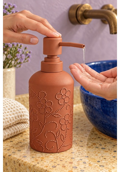 Rosıe Kiremit Çiçek Dokulu Yuvarlak Seramik Sıvı Sabunluk 350 Ml Karışık