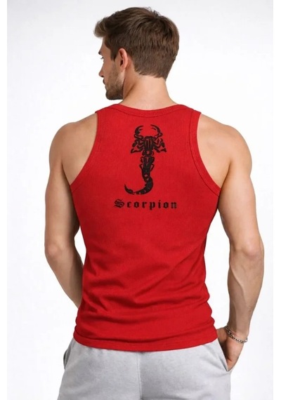 Vexor Erkek Fitilli Atlet Sıfır Yaka Slim Fit Arka Baskılı Spor Atlet - Kırmızı