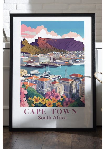 Cape Town Siyah Ahşap Çerçeveli Poster, Dekoratif Seyahat Duvar Tablosu
