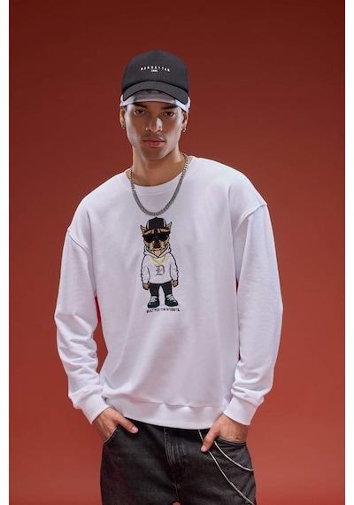 Defacto Boxy Fit Bisiklet Yaka Baskılı Sweatshirt E9331ax25auwt34 Beyaz