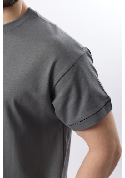 Madmext Füme Bisiklet Yaka Çoban Dikişli Overfit Erkek T-shirt E7103 Füme