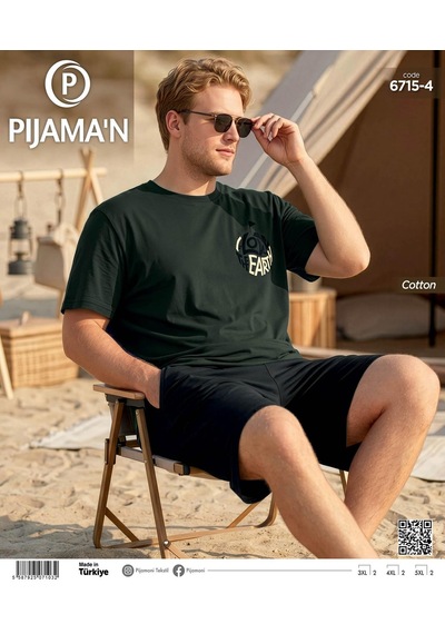Pijamoni Erkek Battal Bisiklet Yaka Kısa Kol Şortlu Pijama Takımı 6715/4 - 1 Adet Yeşil