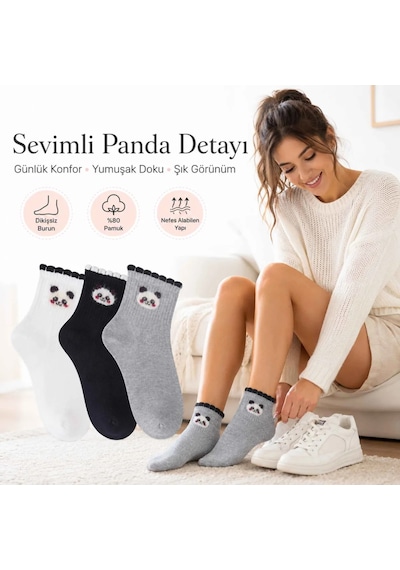 Kadın Panda Desenli Kısa Konç Çorap 12'li Paket, %80 Pamuklu Dikişsiz Burun, Nefes Alan Yumuşak Bile Diğer