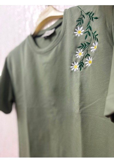 Yubistitch Tshirt Nakış İşlemeli Çiçek 6--yeşil