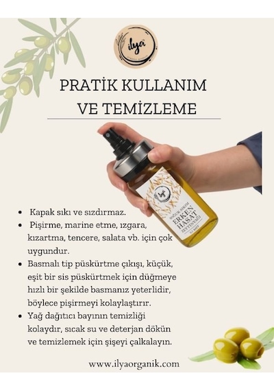 İlya Organik Erken Hasat Soğuk Sıkım Zeytinyağı Spray Şişe 200 ML