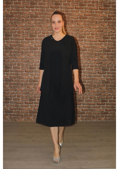Nidya Moda Büyük Beden Kadın Siyah Taşlı Abiye Elbise-4093AS Siyah