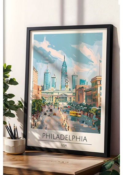 Abd Philadelphia Temalı Çerçeveli Tablo Travel Serisi Modern İllüstrasyon Şehir Duvar Dekoru Siyah