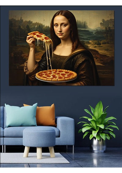 Pizza Yiyen Mona Lisa Dekoratif Kanvas - Mdf Ahşap Tablo
