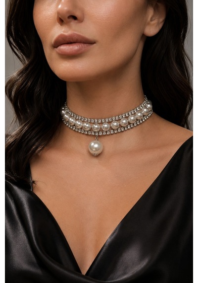 İnci Ve Zirkon Taşlı Choker Kolye Gümüş Renk Zarif Kadın Gerdanlık Gümüş - 900251357 Gümüş