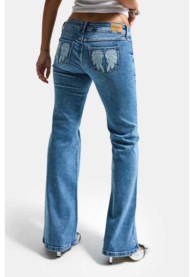 Itsbasic Kadın Mavi T-4s6-4 Flare Fit Düşük Bel Taş Detaylı Özel Tasarım Denim Jean
