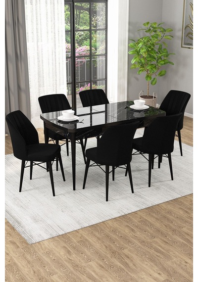 Arel Siyah Mermer 80x132 Açılabilir Mdf Masa Yemek Odası Takımı, Mutfak Takımı 6 Adet Sandalye Siyah Mermer - 6 Siyah - Siyah Ayak
